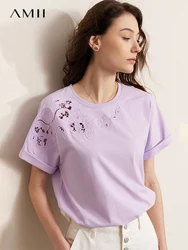 AMII Minimalism T-Shirts Women 2023 Summer New Audal Cotton Short Sleeve O-Neck T Shirt Hollow Embroidery Tops Blouse 12332009