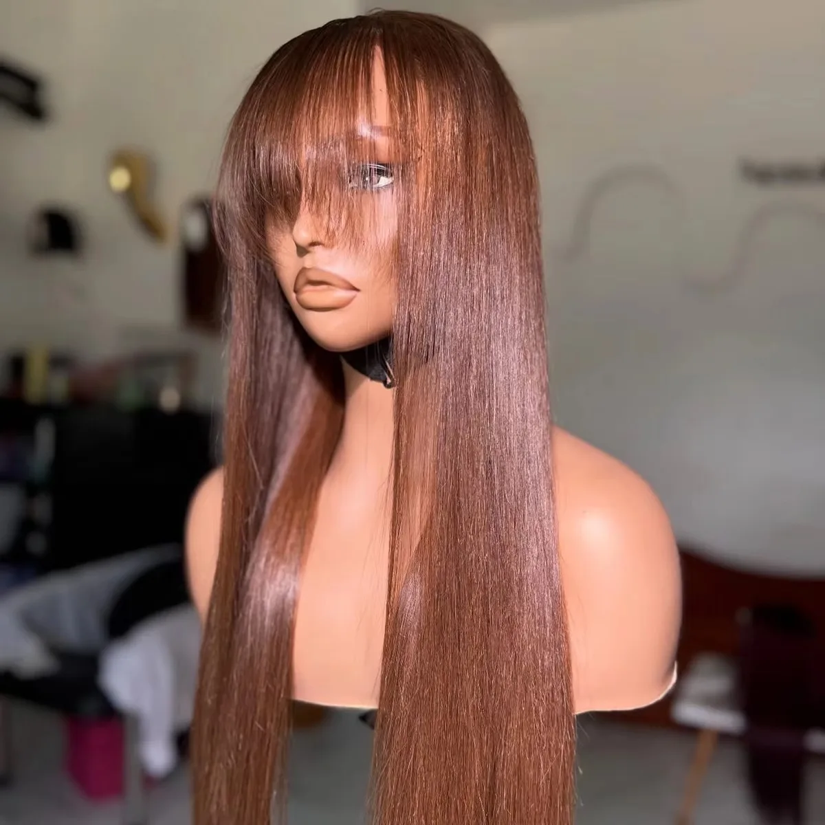 Chocolate Brown Straight Lace Front Wig With Bangs 13x4 HD Pre Plucked Glueless Synthetic And Blend Cosplay On Clearance pelucas