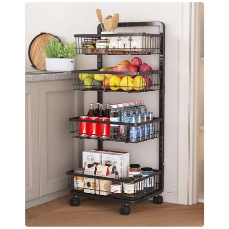 

4-Tier Kitchen Storage Cart Metal Snack Cart Adjustable Fruit Basket on Wheels Stand Baskets for Potato Produce Black