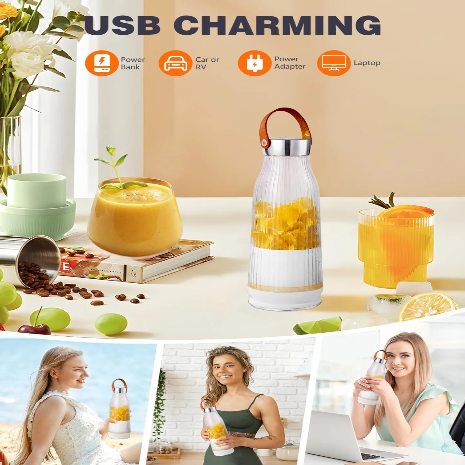 Portable Blender USB Rechargeable, Personal Blender for Shakes and Smoothies, 380 ML Juicer Cup with 6 Blades, Portable Juicer B