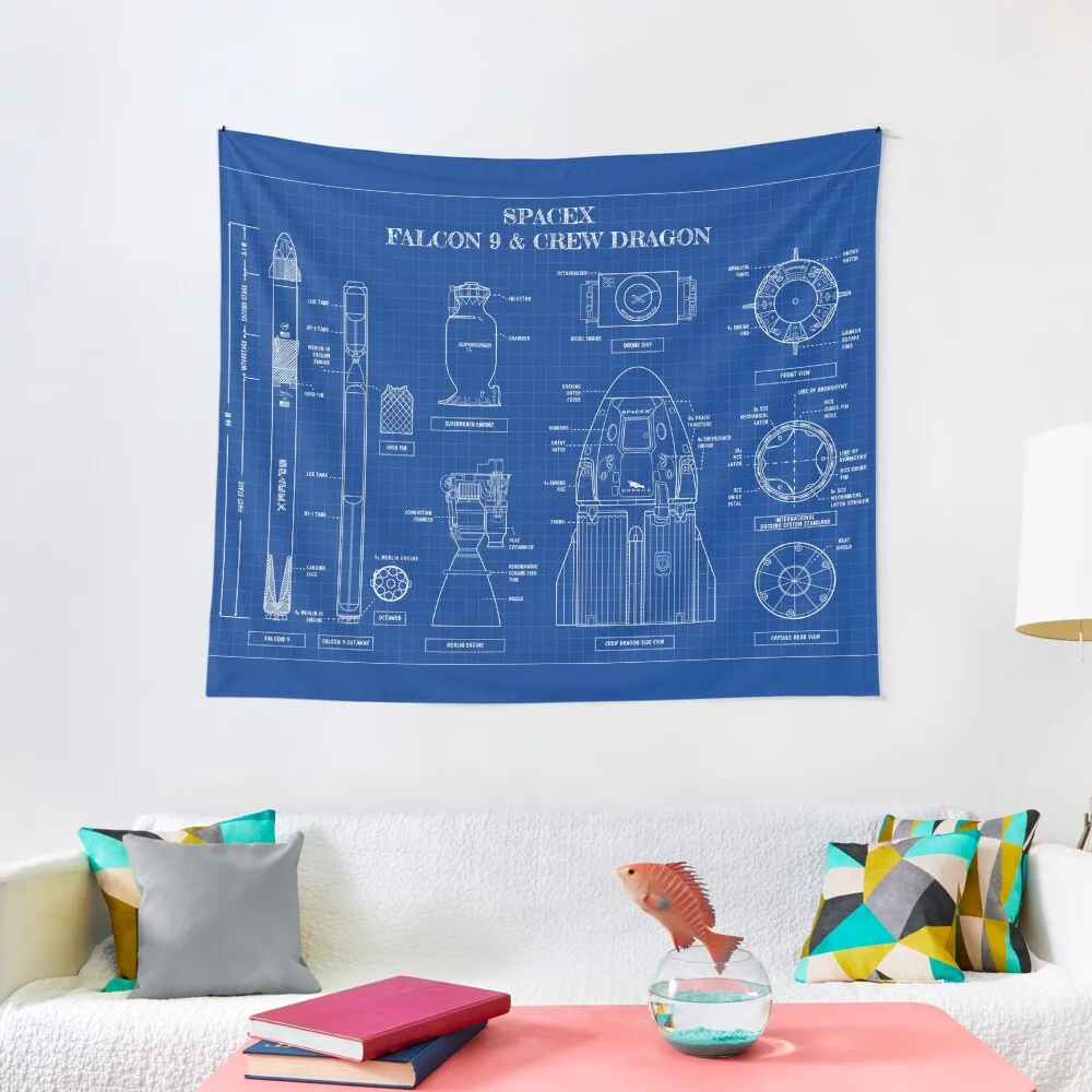 SpaceX: Falcon 9 and Crew Dragon (Blueprint-English) Tapestry Aesthetic Room Decorations Decorative Wall Bedrooms Decor Tapestry