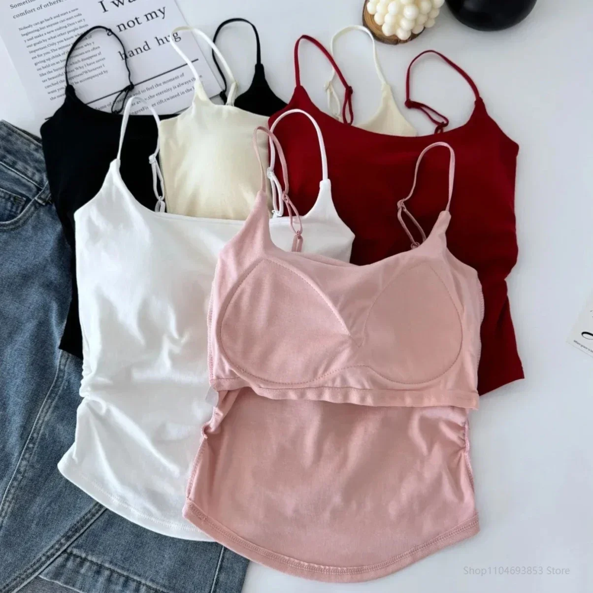 

Summer Camisoles Tank Tops Women with Built in Bra Adjustable Spaghetti Strap Tanks Vest Sleeveless Tees Cropped Top Solid Color