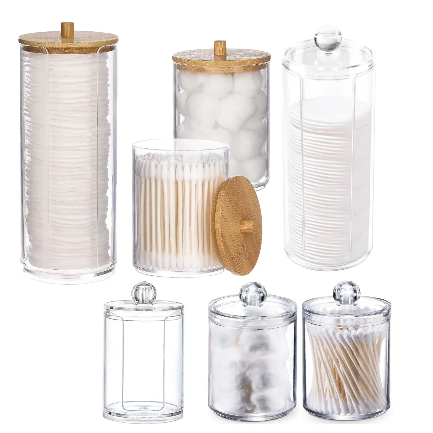 

Acrylic Box Bathroom Jar Makeup Organizer Cotton Round Pad Holder Cotton Swab Box Qtip Holder Dispenser with Bamboo Lid Pumps
