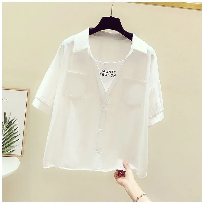 

Women's Casual Solid Color Short-sleeved Shirt 2025 Summer New Korean Version Loose Fake Two-piece Versatile Top Blusas De Mujer