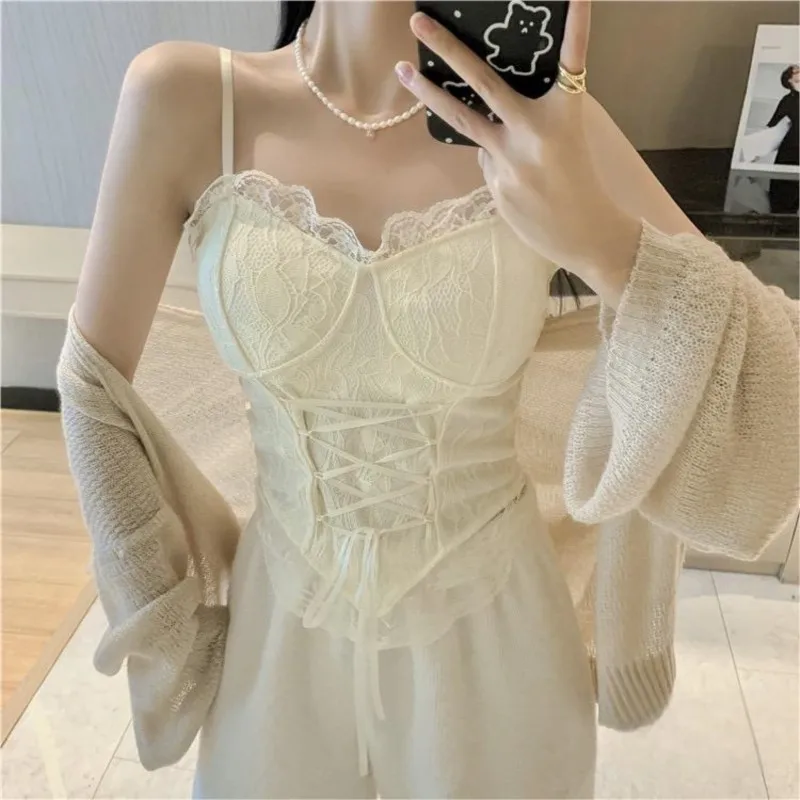 Spicy girl tie up waist slimming top women's floral lace lace sexy small camisole vest