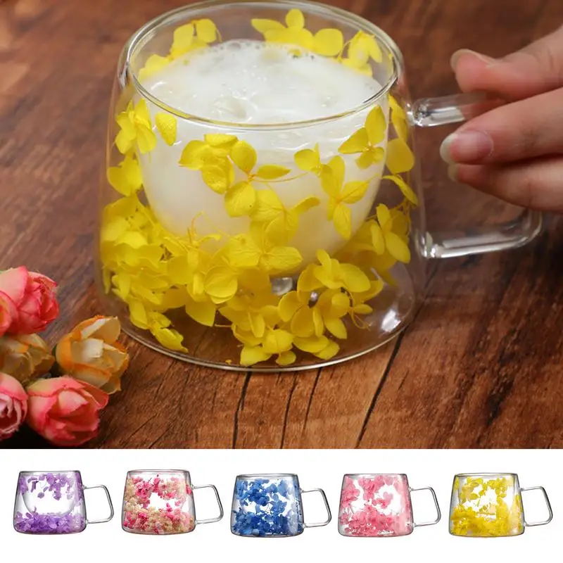 Taza transparente con flores para el hogar, taza de café creativa con asa, taza de flor seca de 200ml, aislamiento de doble pared, taza de café de primavera