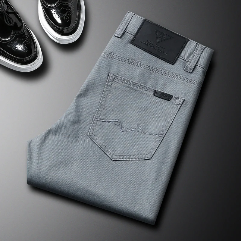 

High end fashion grey green jeans for men's summer thin stretch slim fit small straight tube simple casual versatile pants