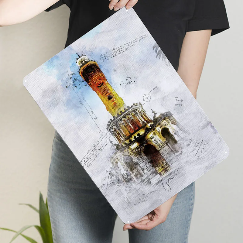 برج ساعة إزمير ألوان مائية علامات صفيح ملصق تاريخي ديكور غرفة النوم ديكور الغرفة لوحات رجالية فن جداري داخلي عتيق #3