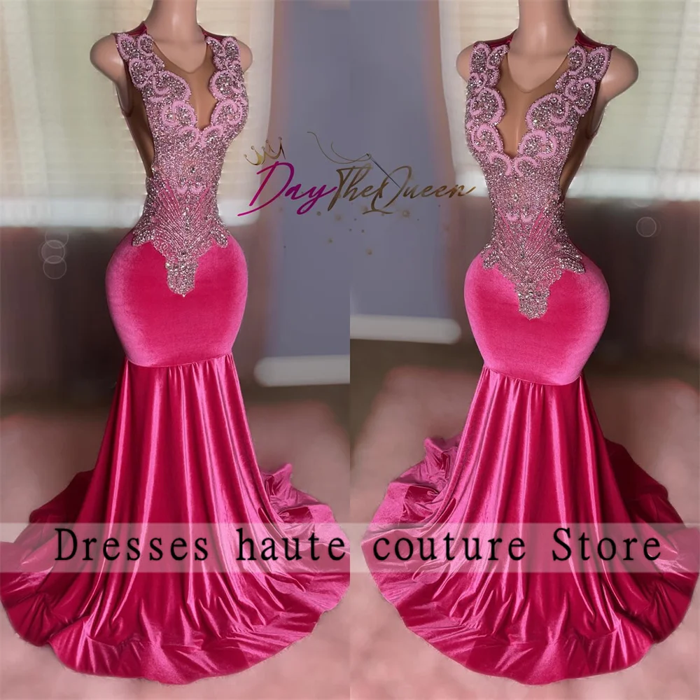 

Hot Pink Crystal Beading Prom Dresses 2024 For Black Girls Luxury Diamonds Rhinestones Mermaid Birthday Party Dresses