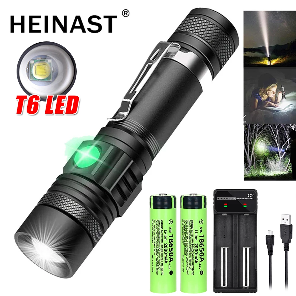 T6 LED Flashlight Strong Light Long-Distance USB Rechargeable 18650 Battery Torch Telescopic Zoom Outdoor Emergency Searchlight