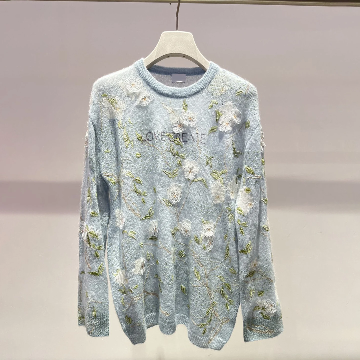 

Spring New Arrival Women's Knitted Long Sleeve Crew Neck Sweater Embroidered Floral Motif Premium Quality mid Weight Knitwear