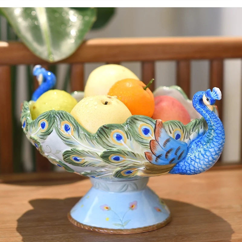 Auspicious peacock ceramic fruit bowl living room table rack coffee home decoration