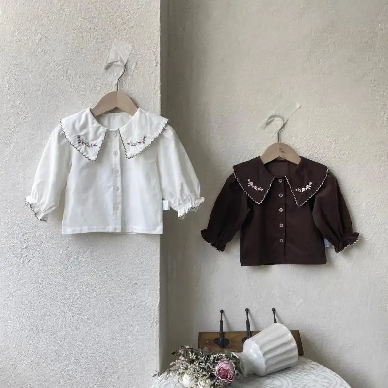 

2025 Autumn New Baby Girl Flower Embroidery Lapel Shirts Infant Toddler Long Sleeve Cotton Shirts Girls Single Breasted Tops