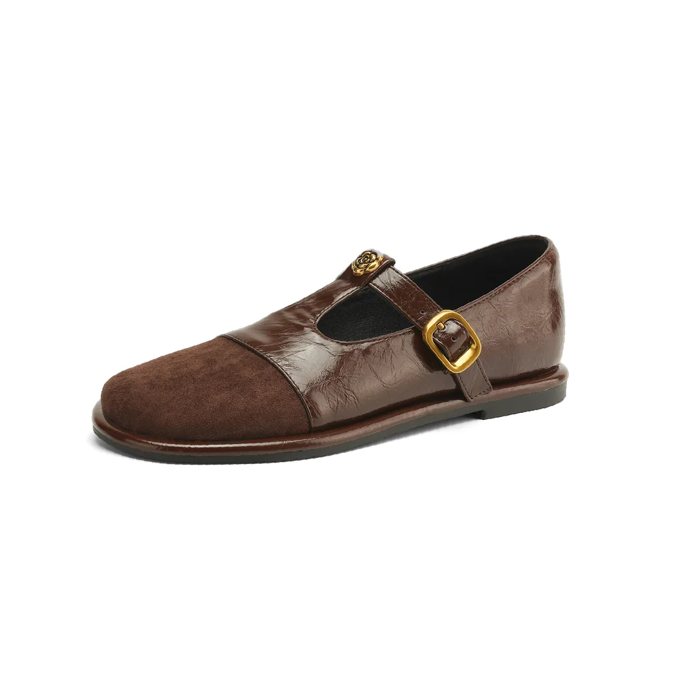 

Women Mary Jane Shoes Spring Retro Flats T-Strap Vintage Footwear Brown Black Basic Mary Janes Round Toe Footwear Handmade Flats