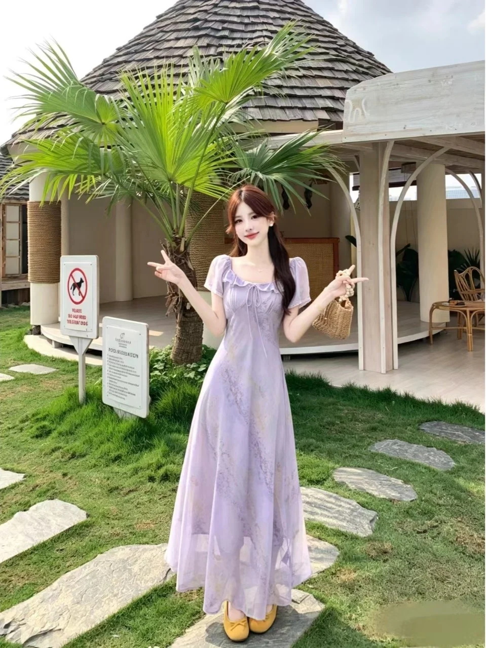 

Romantic Bubble Sleeve Maxi Dress for plus Size Women Elegant Fashionable Summer Long Dress Belted A-Line Silhouette French S...