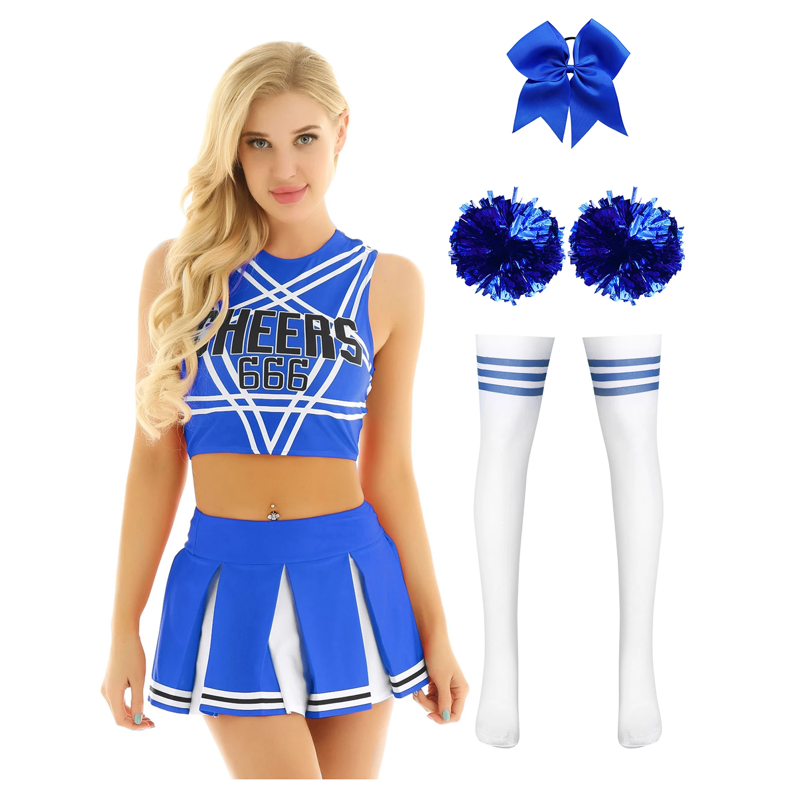 

Womens Cheerleading Crop Top with Mini Pleated Skirt And Hair Tie Headband Flower Balls Stockings Suits for Competition Cheering