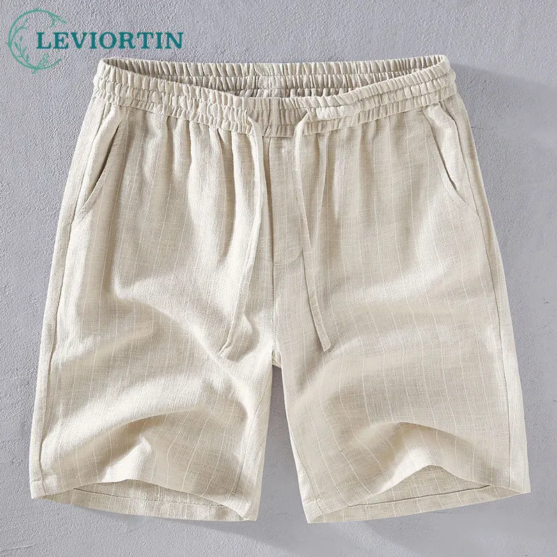 Men Cotton Linen Beach Shorts Summer Breathable Comfortable Striped Loose Drawstring Cropped Hawaiian Vacation Shorts Pants