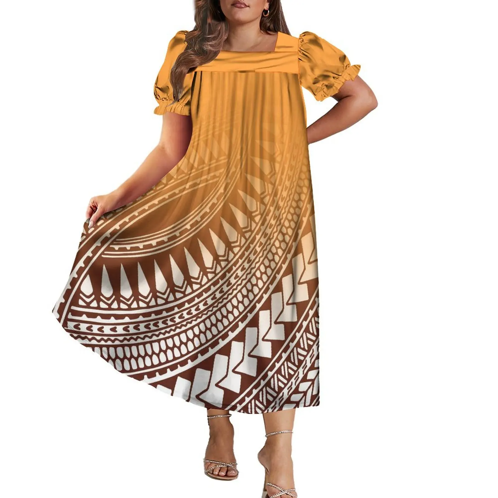 Polynesian Island Style Mumu Women\'S Short Sleeve Dress Summer Resort Island Style Features National Clothing Fashion Long Dress