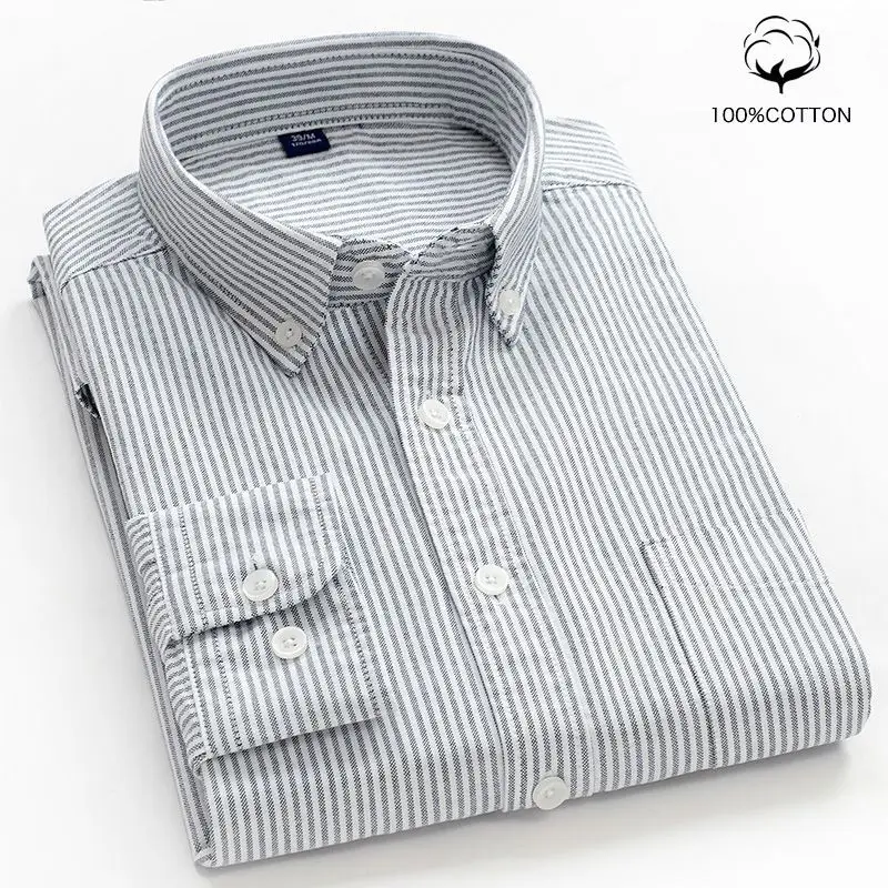 100% Cotton Men's Casual Long-Sleeved Shirt Spring Autumn Oxford Full Cotton Shirt Plaid Print Stripe Formal Dress Shirt Male