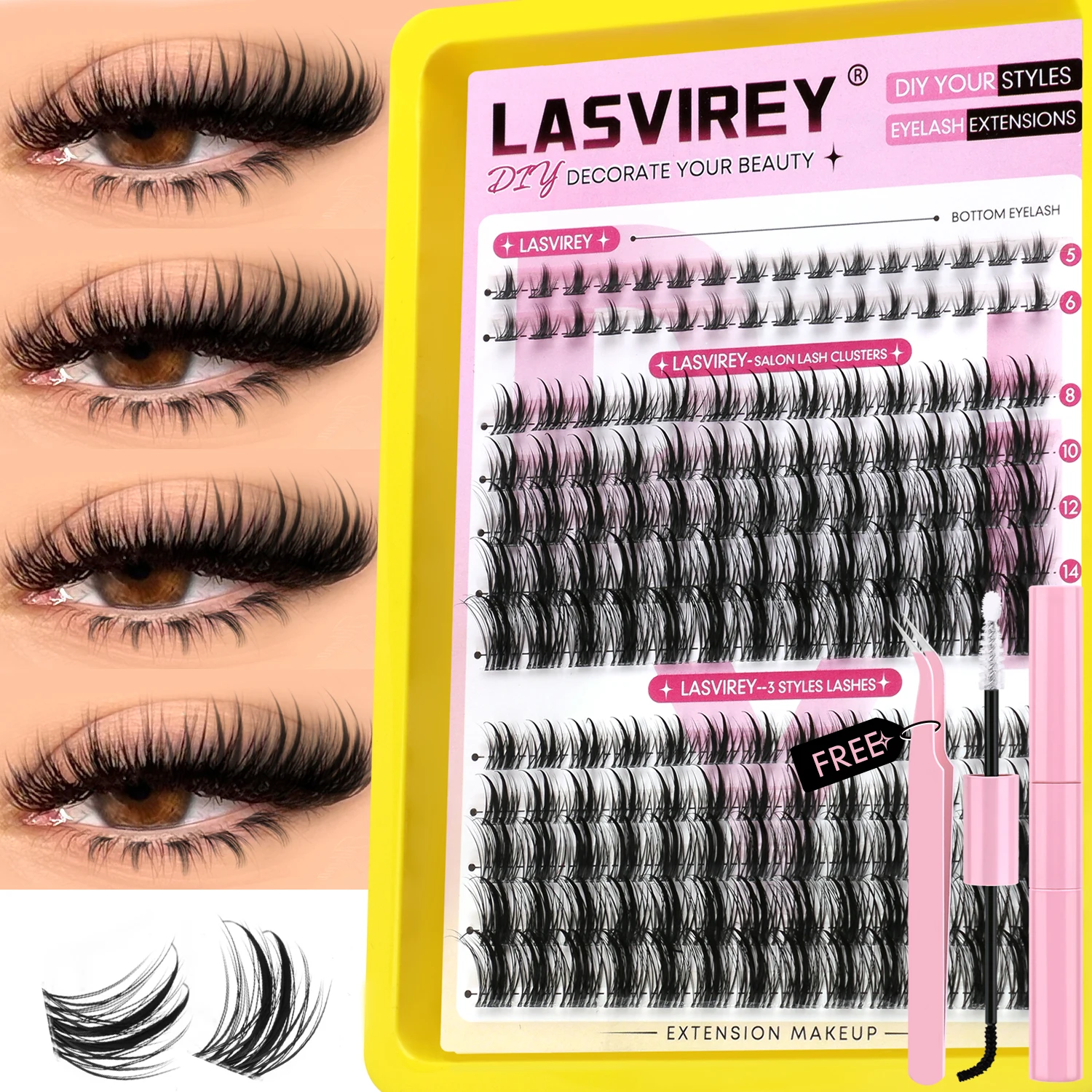 Lasvirey Lash Clusters Kit Natuurlijke Wimpers Extension Set Gemengde Manga Wimpers Met Onderwimpers Clear Stem DIY Individuele Wimper