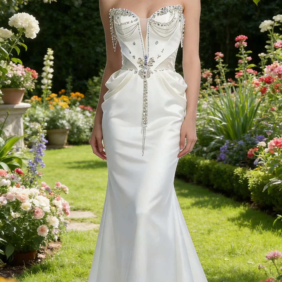 

Elegant Strapless Beads Sequined Sleeveless Mermaid Bride Wedding Dresses Bridal Gowns Customized