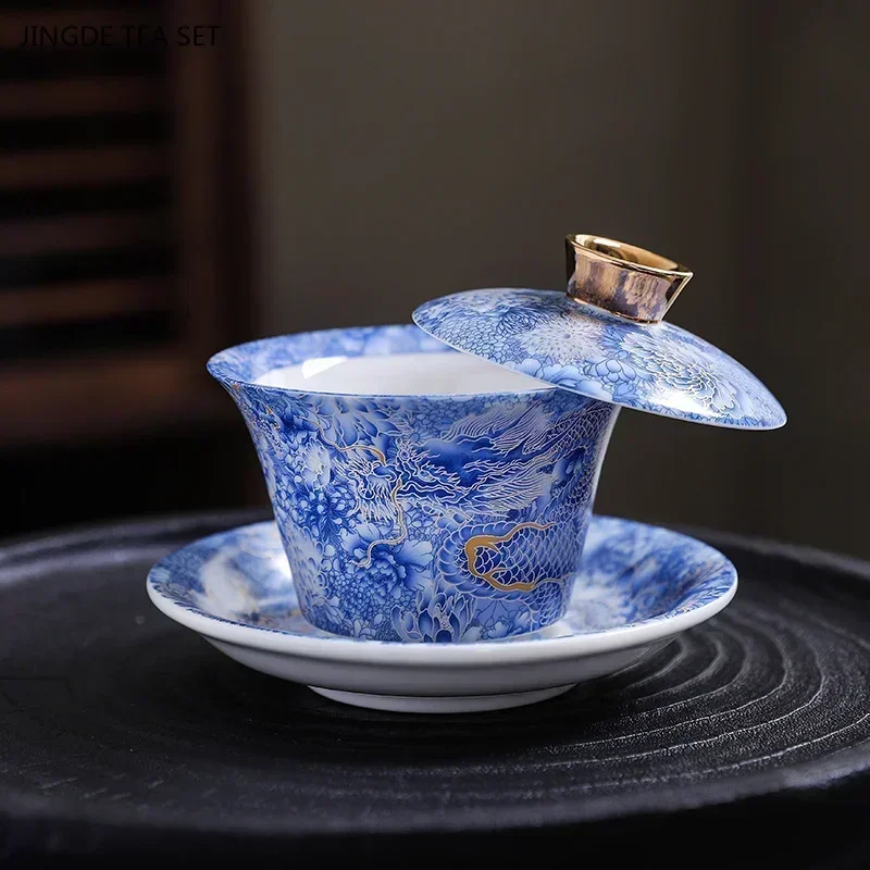 Porcelana chinesa esmaltada azul e branca Gaiwan, máquina de chá estilo palácio de alto grau, tigela de chá pequena, casa, 150ml, 1pc