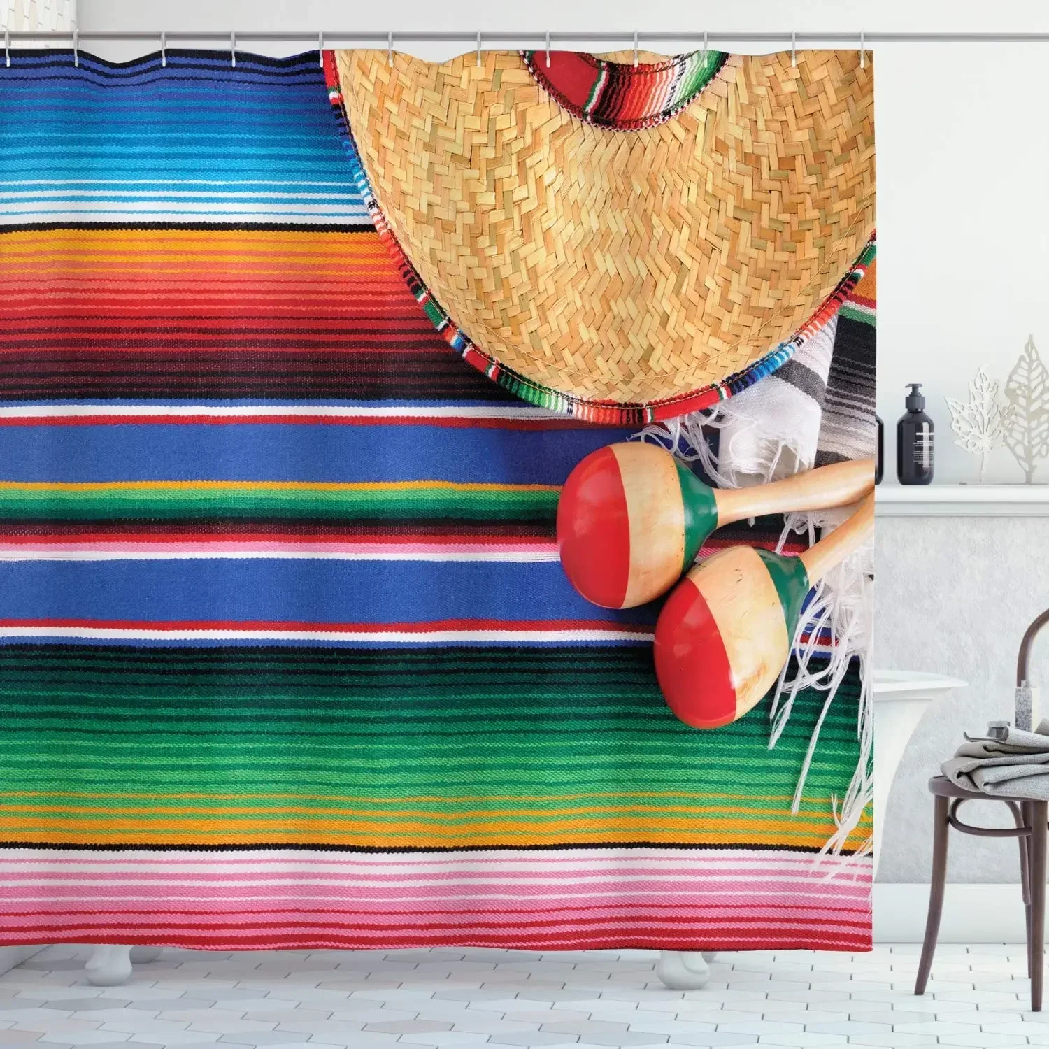 Mexican Latin American Culture Theme Sombrero Straw Hat Maracas Serape National Features Multicolor Shower Curtain With Hooks