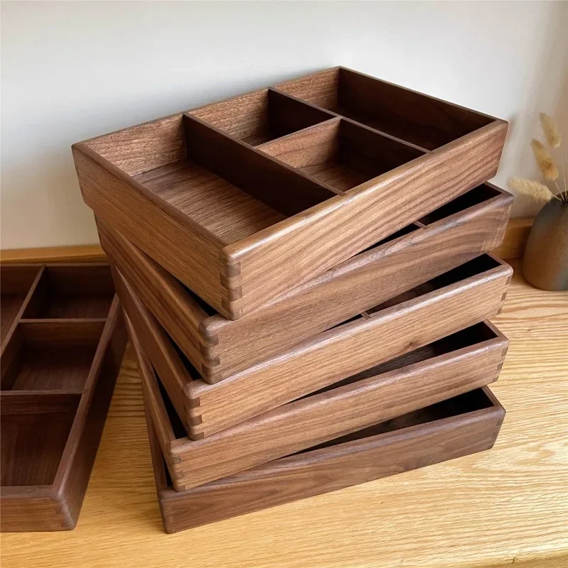 

Black Walnut Solid Wood Desktop Finishing Stationery Sundries Rectangular Wooden Box Multi-functional Grid Storage Box