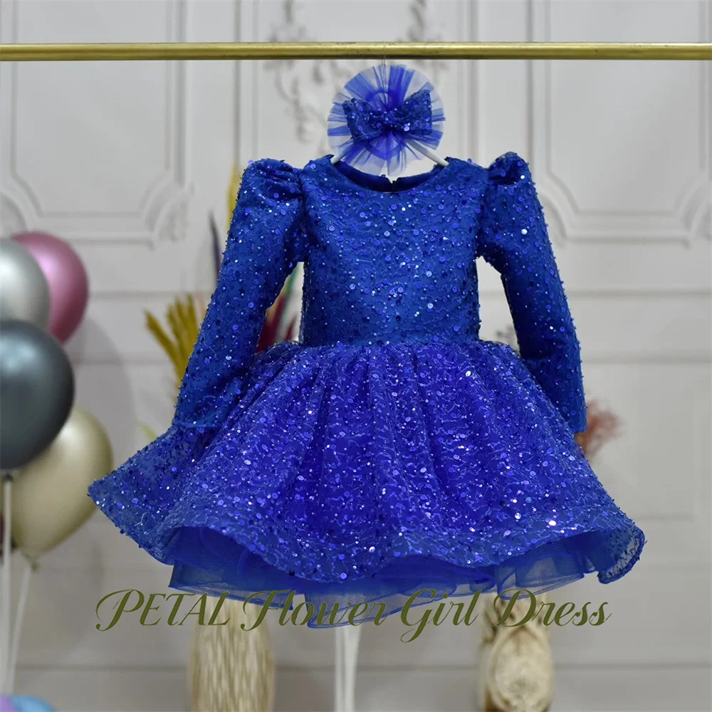 

Petal Sapphire Blue First Communion Gown Round Neck Girls Princess Dress Long Sleeve with Bow Evening Party Dress for Girls