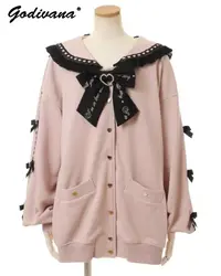 Japanese Style Liz Sailor Collar Cardigan Hoodie Coat New Autumn Heart Shape Rhinestone Lace-up Bow Loose Hoodie Jacket Outwear