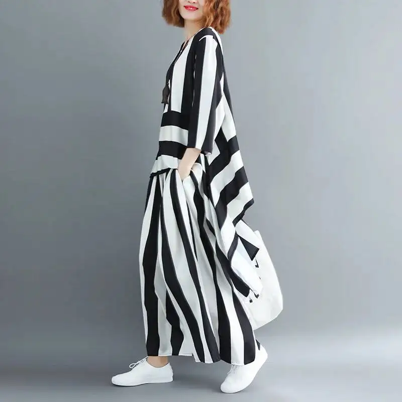 #2707 Vertrical Striped Two Piece Set Top And Pants Loose Korean Style Asymmetrical Shirt And Wide Leg Pants Women Half Sleeve
