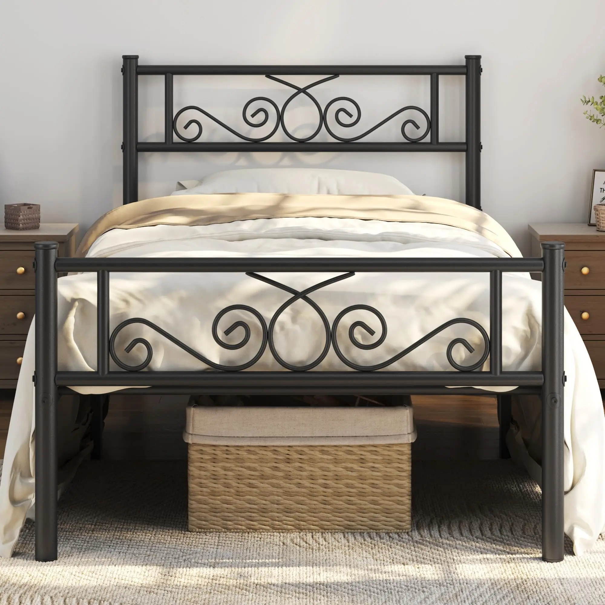 Twin Metal Bed Frame with Scroll Headboard and Footboard Black