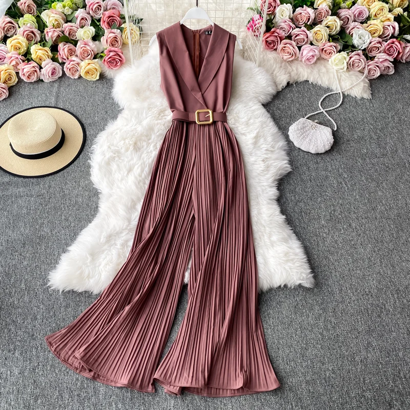 

Summer Vintage Waistband Work Office Professional Jumpsuit Fashionable Flared Pants Wide Leg Jumpsuit Pant