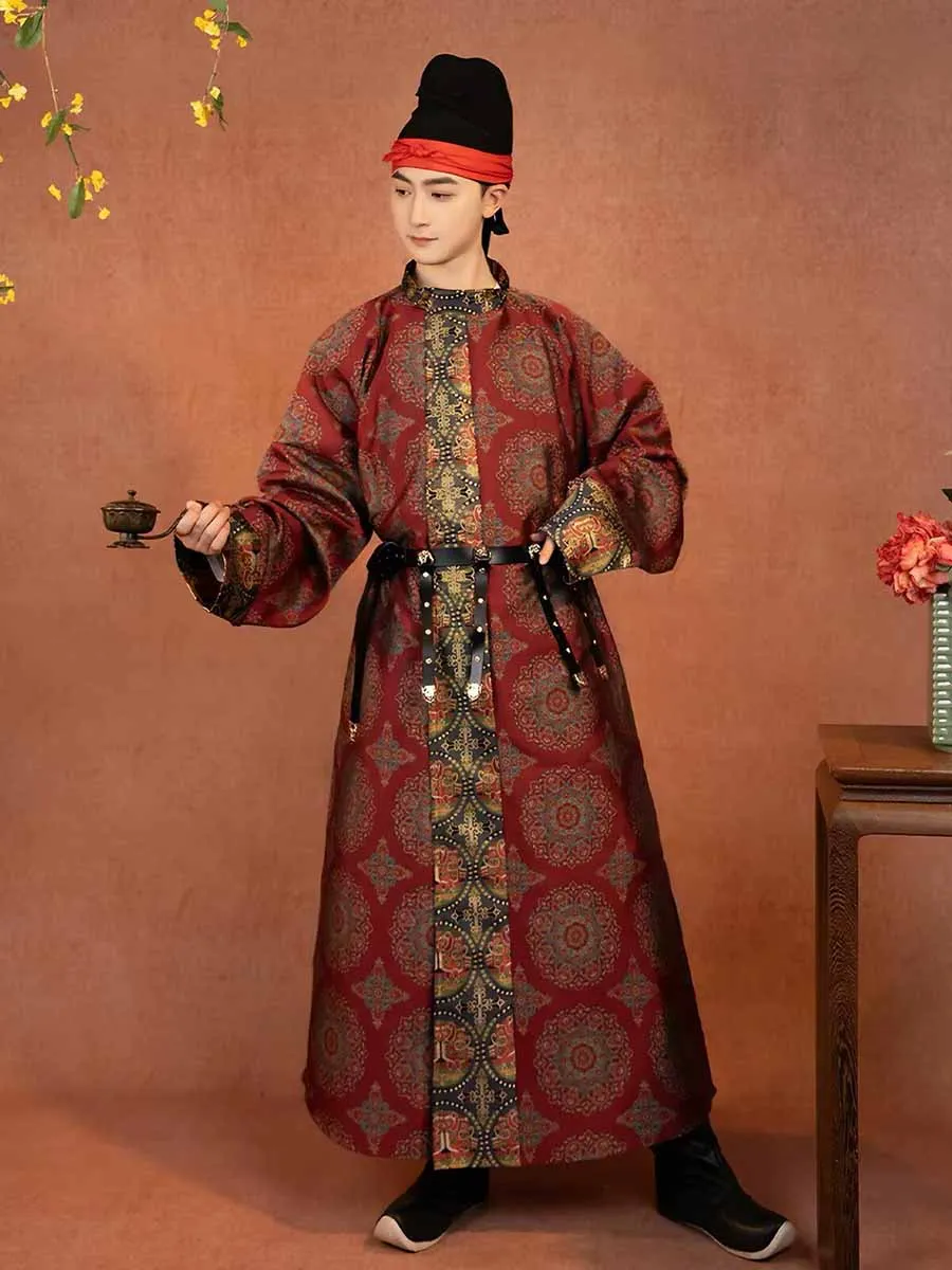 Men Vintage Tang Dynasty Hanfu Robe Red Jacquard Floral Round Collar Gown Traditional Chinese Ancient Costume For Wedding