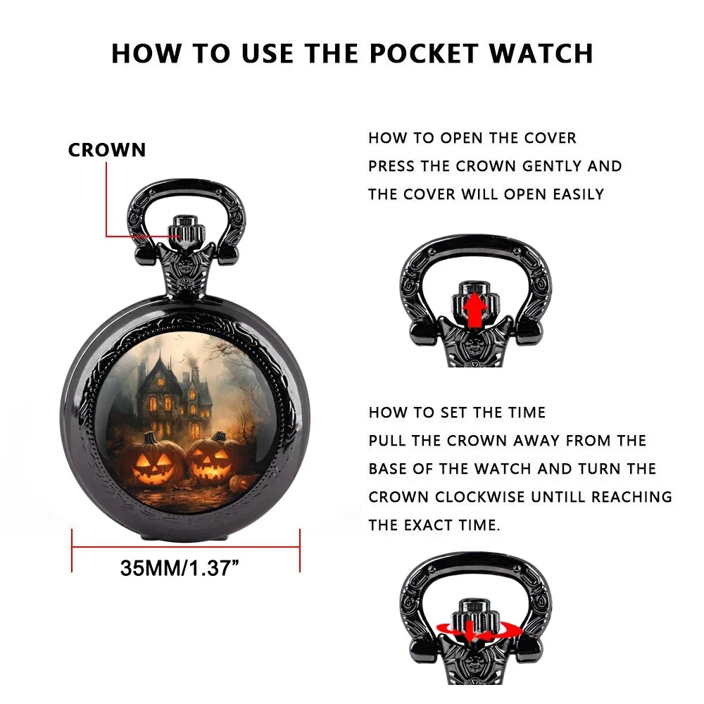 Spettrale zucca di Halloween luci castello design cupola di vetro catena orologio da tasca al quarzo collana unisex vintage orologio pendente regali