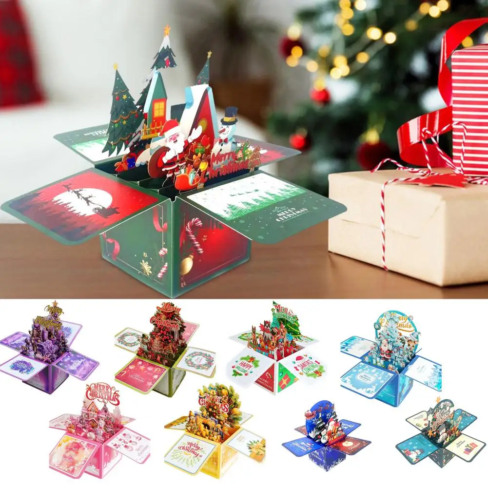 3D Pop Up Christmas Cards Handmade 3D Greeting Card Gift Box with Envelopes Foldable Merry Christmas Celebration Cards