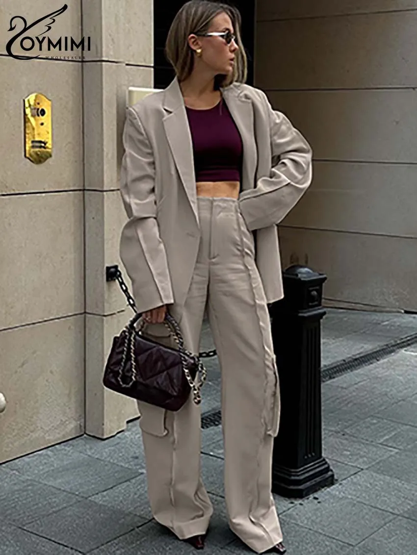 

Oymimi Casual Khaki Women's Two Pieces Set Elegant Long Sleeve Single Button Blazers And Mid Waisted Pockets Straight Pants Sets