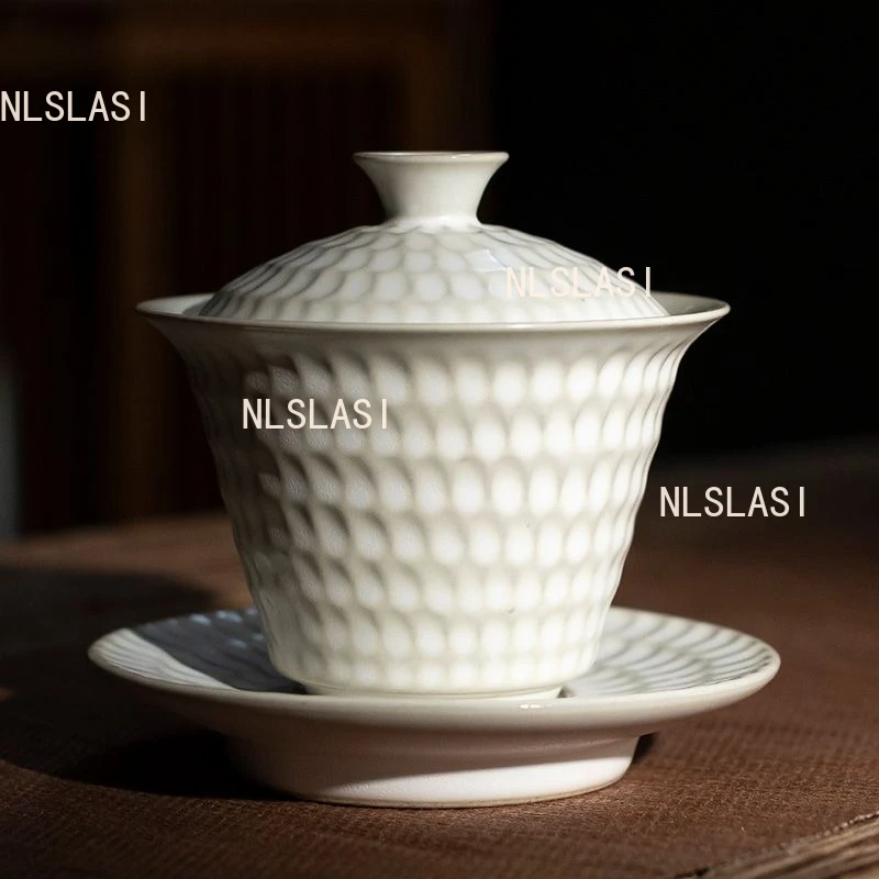 

Gilded Hammer Patterned Lid Bowl Household Ceramic Tea Bowl Chinese White Host Tea Cup Drinking Utensils Kung Fu Accessories