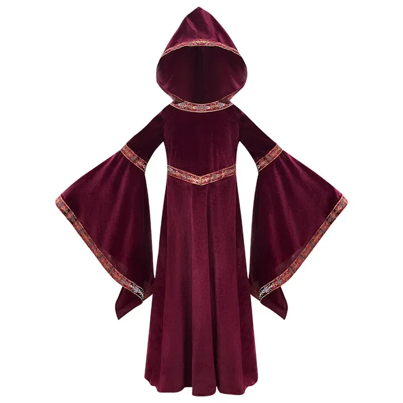 2025 nuevo vestido de actuación de corte Medieval vestido con capucha de mago bruja para niños Cosplay danza moderna ropa de uso especial