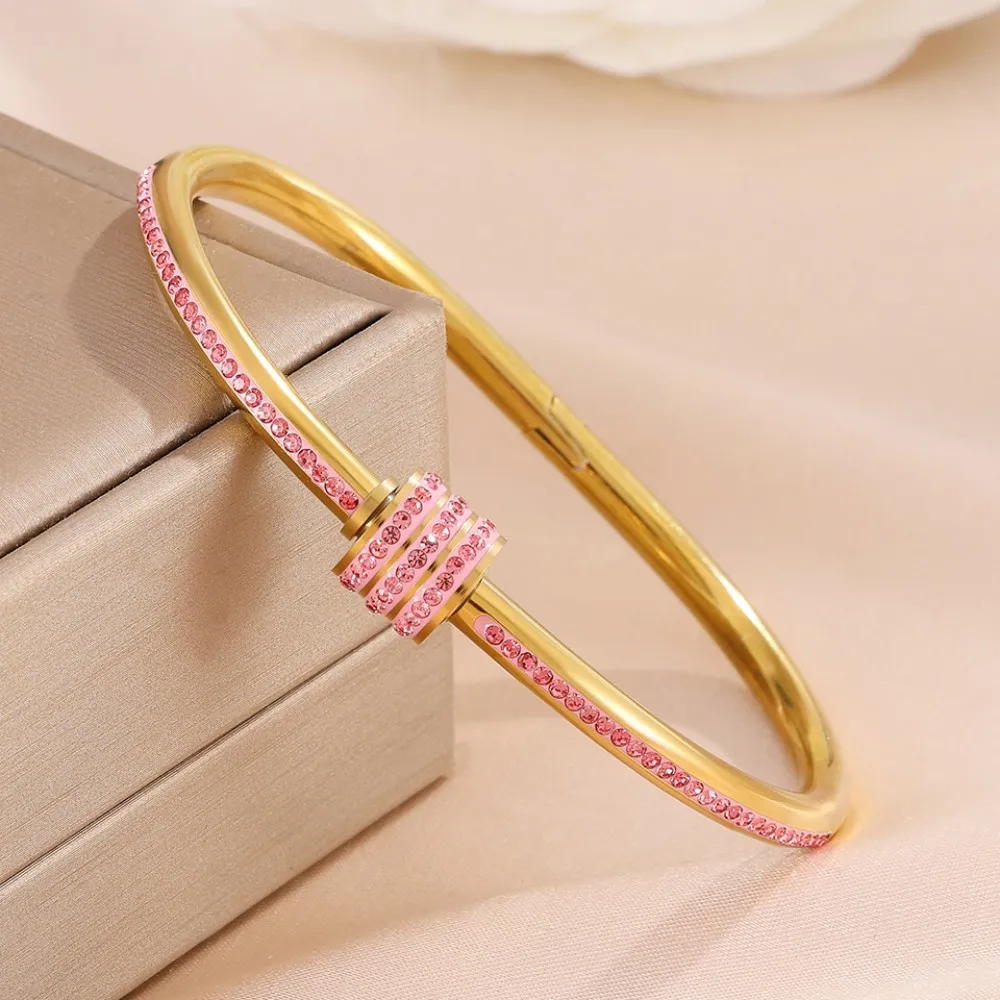 Luxury Pink Series Stacking Bracelets Heart Bamboo Gold Color Cuff Bangles Ladies Birthday Valentine Jewelry Gift