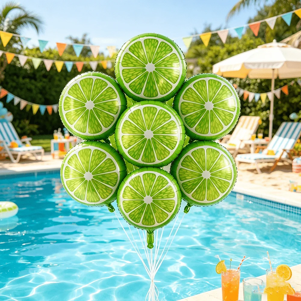 8 Stück runde Zitronen-Folienballons mit weißen Bändern, Geburtstags- und Jubiläumsfeier-Dekorationszubehör, Foto-Requisiten, Hawaii-Geschenke