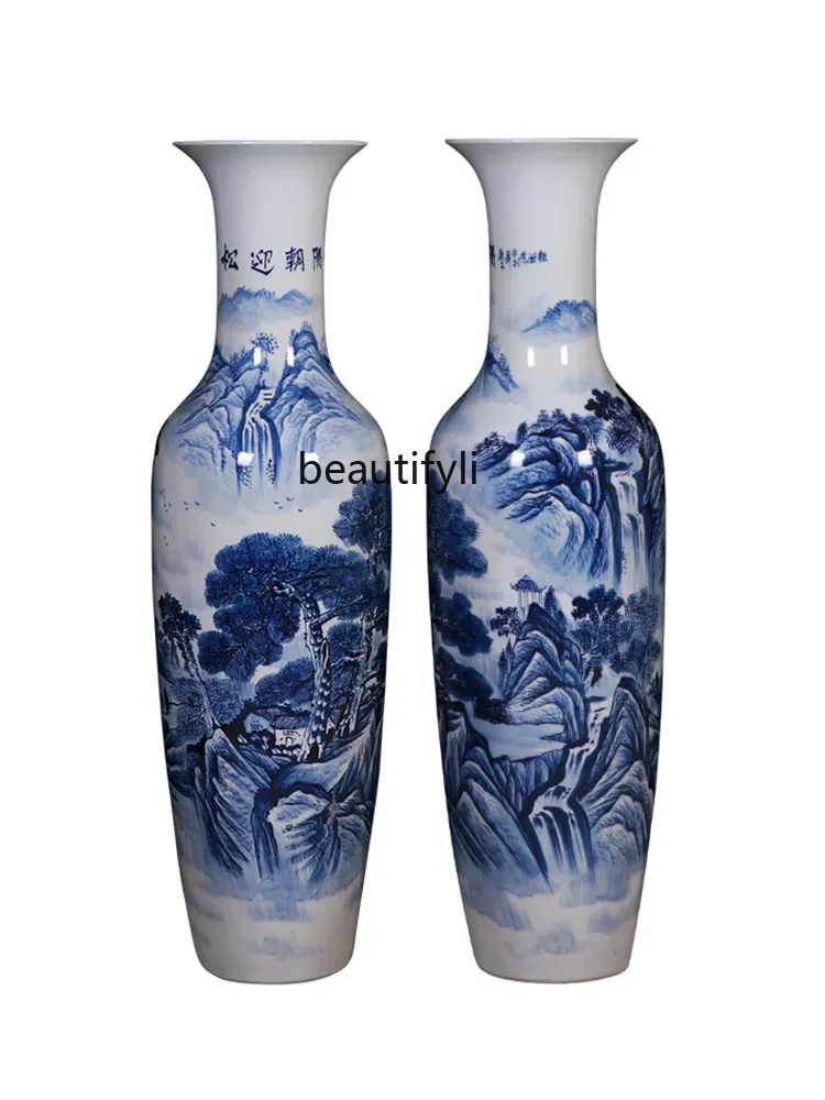 Jingdezhen ceramic large vase floor ornament blue and white porcelain living room hotel decoration gifts