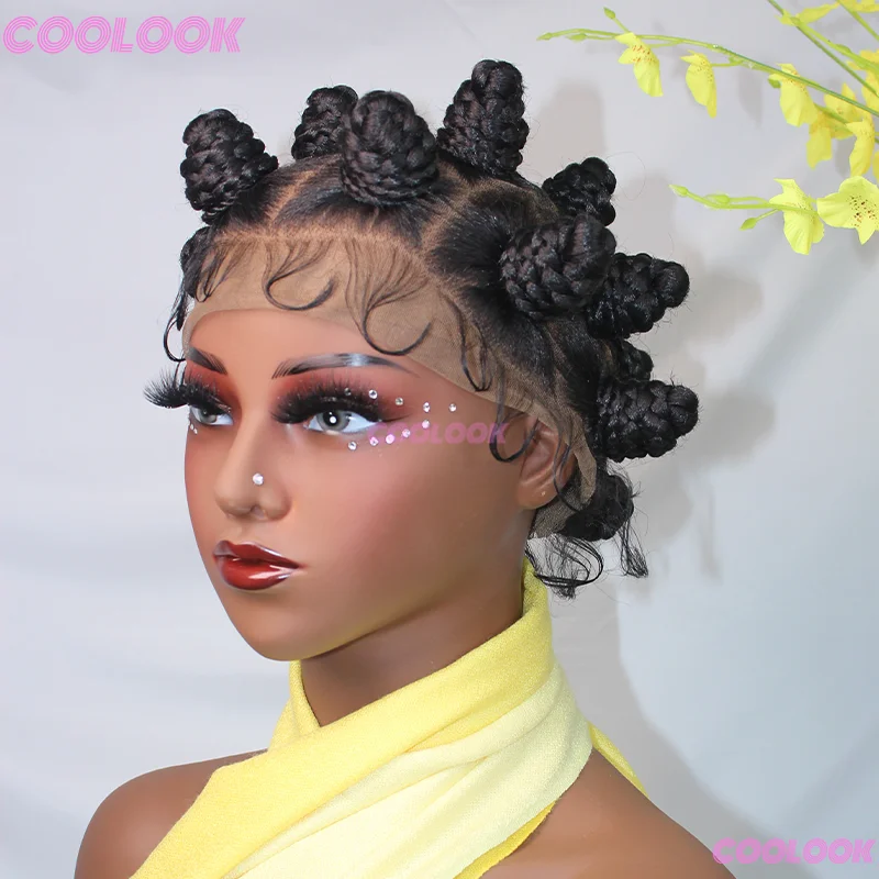 Синтетические плетеные парики Bantu Knots для чернокожих женщин, полный кружевной плетеный парик с детскими волосами, афро короткие парики, без узлов, косички, парики