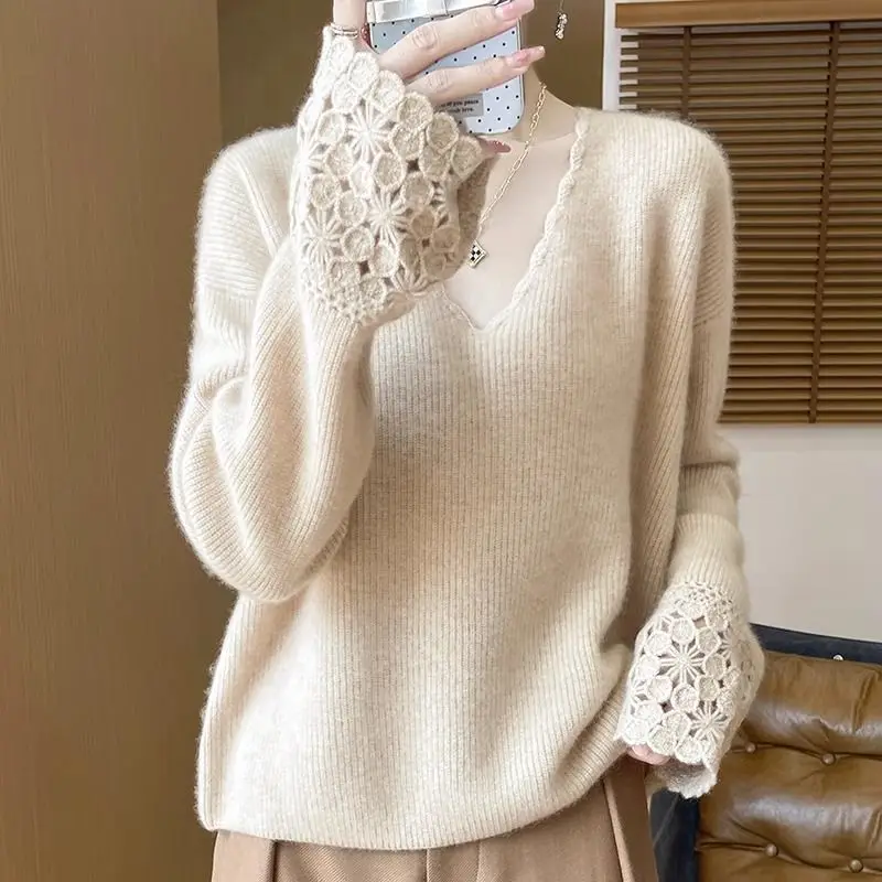 

Autumn Winter Lace Pullover New Loose and Lazy Popular Long Sleeved Women's Clothing Knitted Base Sweater Simplicity All-match