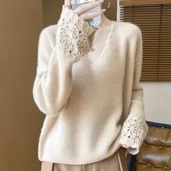Autumn Winter Lace Pullover New Loose and Lazy Popular Long Sleeved Women's Clothing Knitted Base Sweater Simplicity All-match