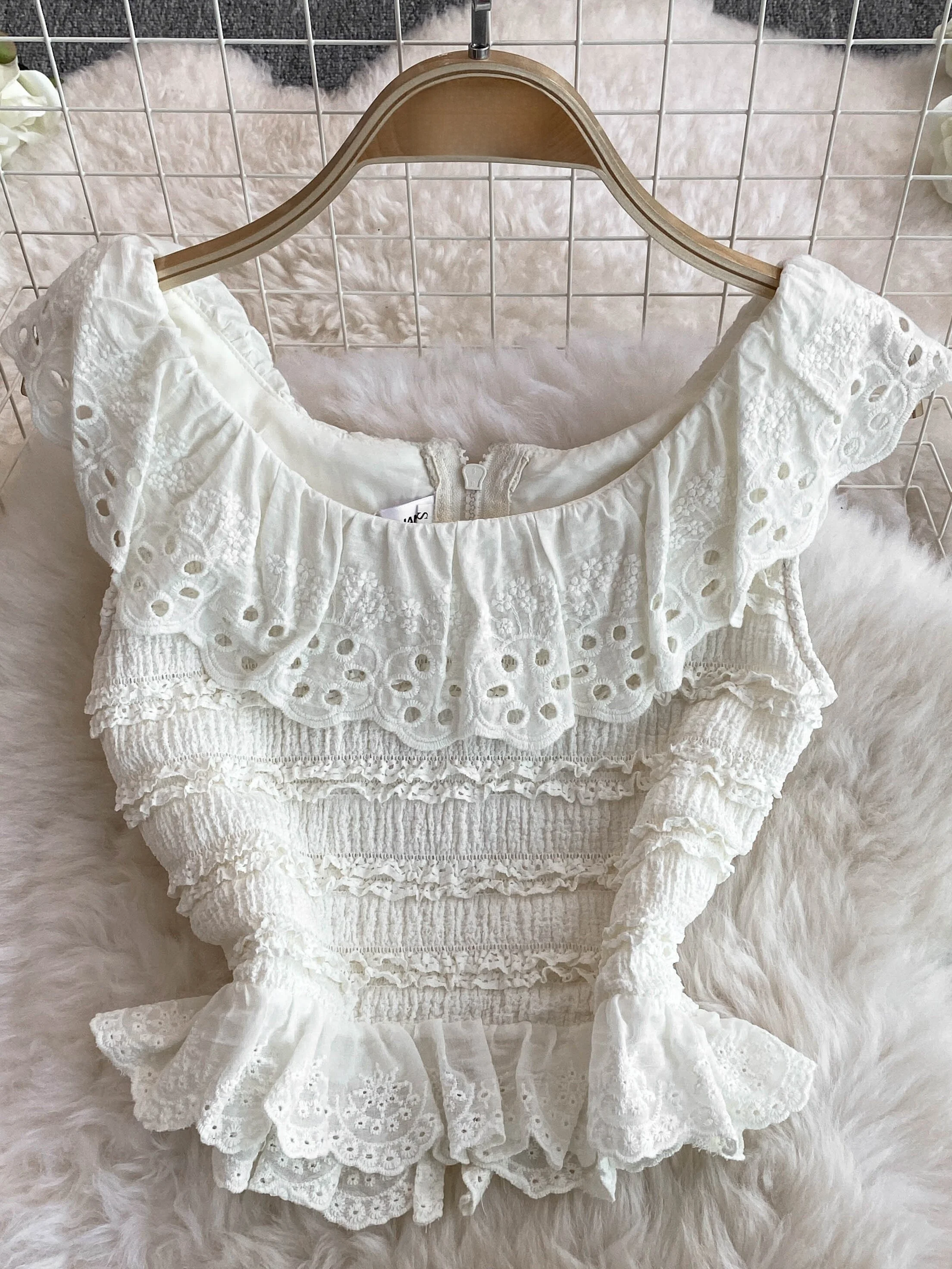 

Women's Summer Lace Hollow ort Top High Waist f Skirt Two-Piece Set Faionable Cact Size Clothing round Ne Zipper