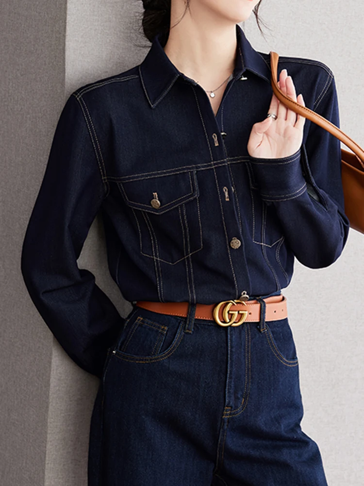 Casual Denim Shirts For Women 2024 Fashion Vintage Women\'s Long Sleeve Loose Shirt Korean Style Single-Breasted Tops