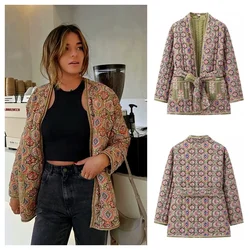 PB&ZA2024 autumn new women's clothing fashion temperament floral print double pocket casual with belt cardigan cotton jacket