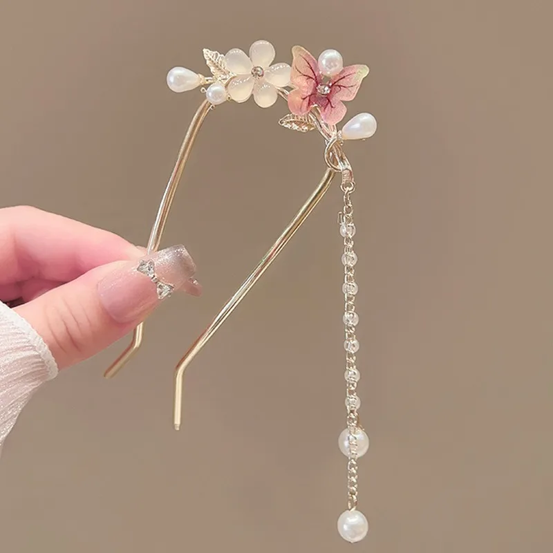 رائعة وعصرية المعادن زهرة فراشة شرابة النمط الصيني فتاة U على شكل Hanfu مشبك شعر أغطية الرأس مجوهرات عصا الشعر