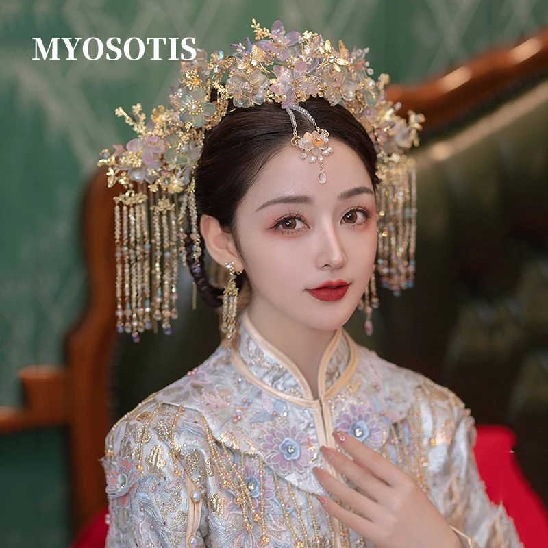 

Vintage Chinese Bride Hair Jewelry Shinny Light Purple Hair Accessories Hair Band Wedding Headwear Headband Crown Queen Tiara